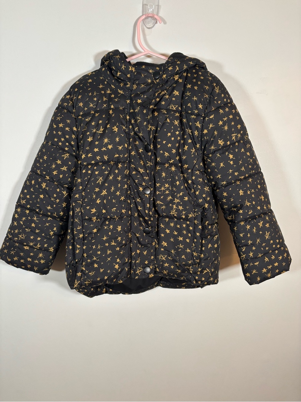 Amazon Essentials Girls Puffer Jacket Black Gold Stars Hooded Size XS 4-5